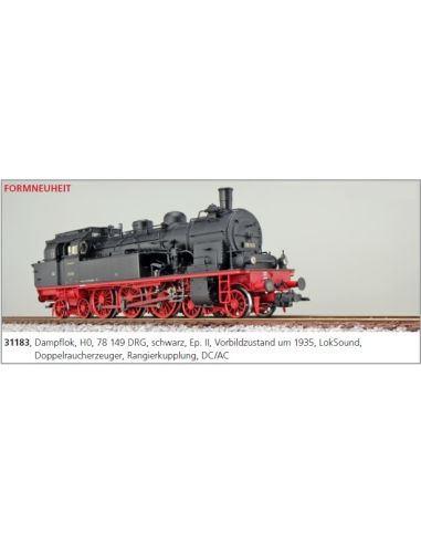 	Locomotive vapeur, H0, 78 149 DRG, noire, Epoque II, LokSound, Dualsmoke, Attelage automatique, DC/AC