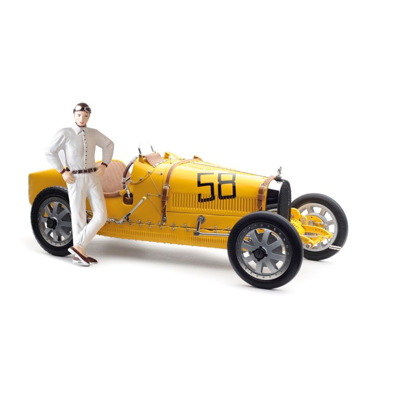 CMC Bugatti Type 35 Grand Prix, Yellow Livery with a Female Racer Figurine